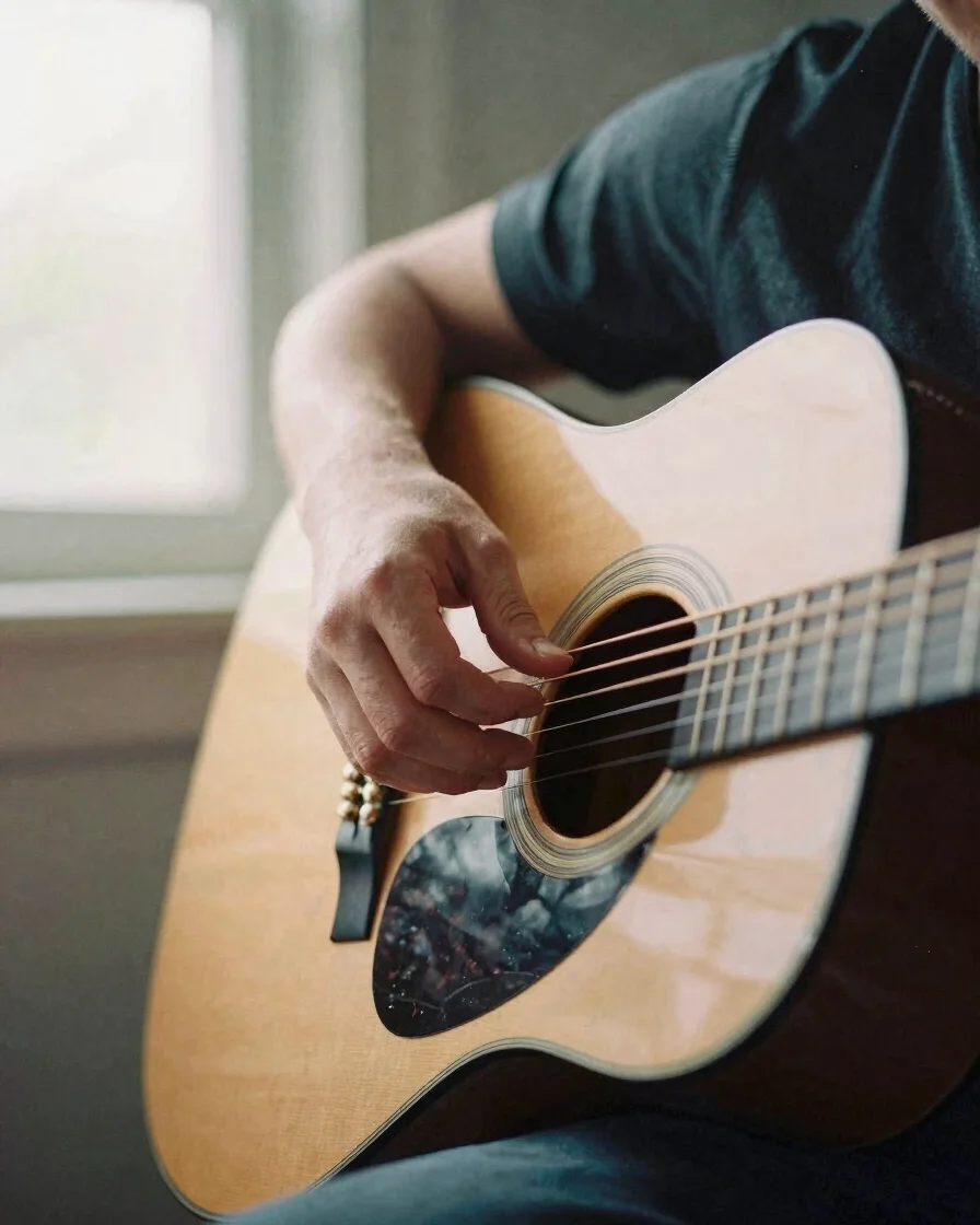 關於我們 Warm editorial photography of an adult's hands gently pressing guitar strings on a wooden acoustic guitar, soft natural