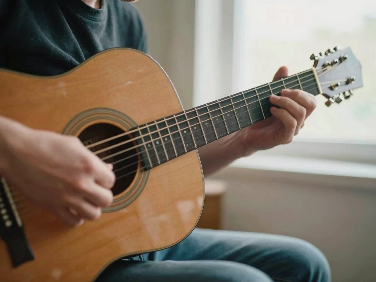 教學文章 Close-up of guitar fretboard and adult fingers, soft natural ligh
