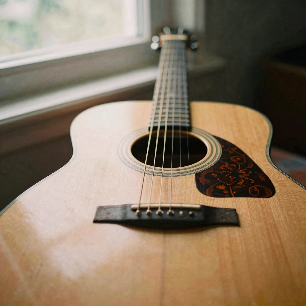 關於我們 Warm editorial photography of a close-up of a wooden guitar body showing natural grain and texture, soft natural window