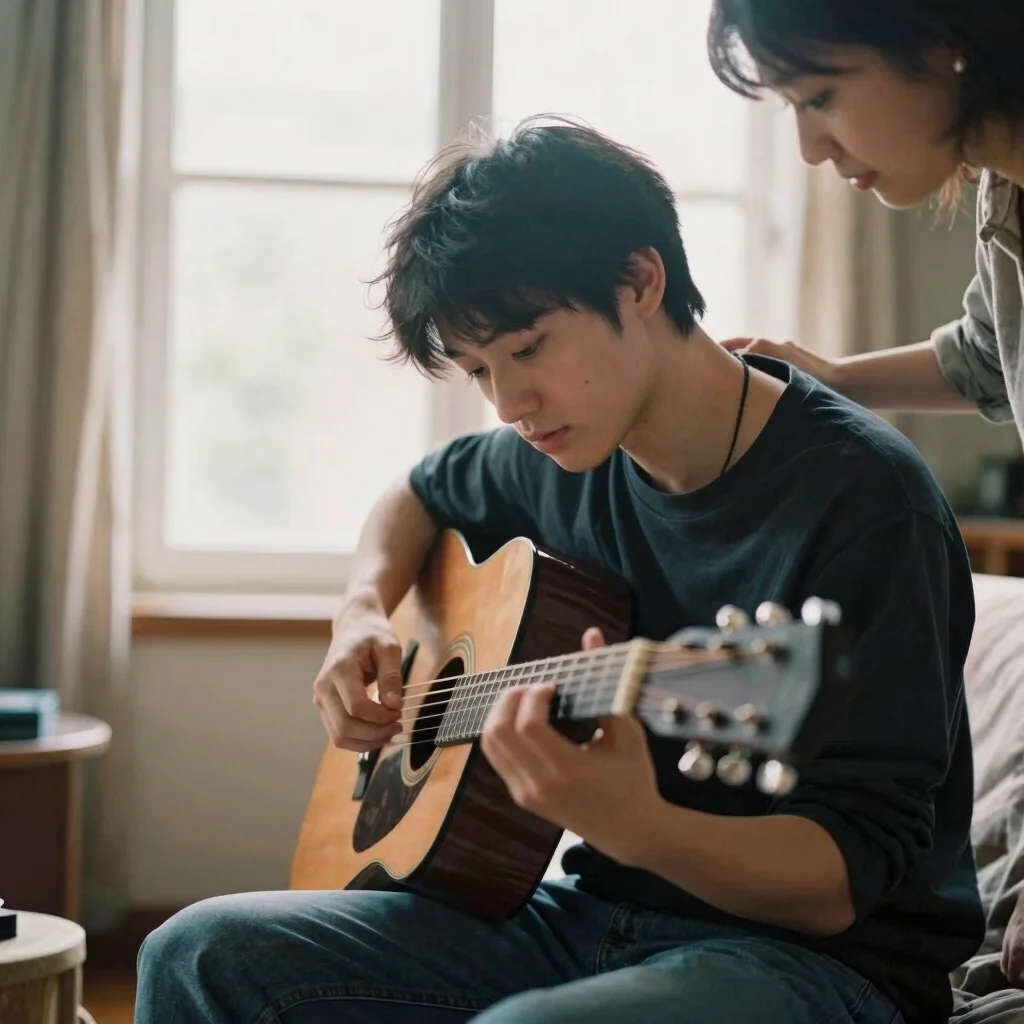 關於我們 Warm editorial photography of an adult student focused on playing guitar, seen from a side profile, with a teacher gentl