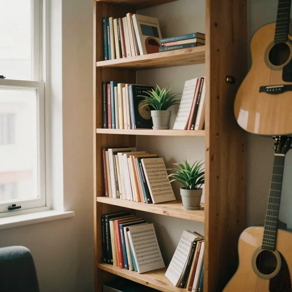 關於我們 Warm editorial photography of a beautifully arranged wooden bookshelf with music scores and a small potted plant in a gu