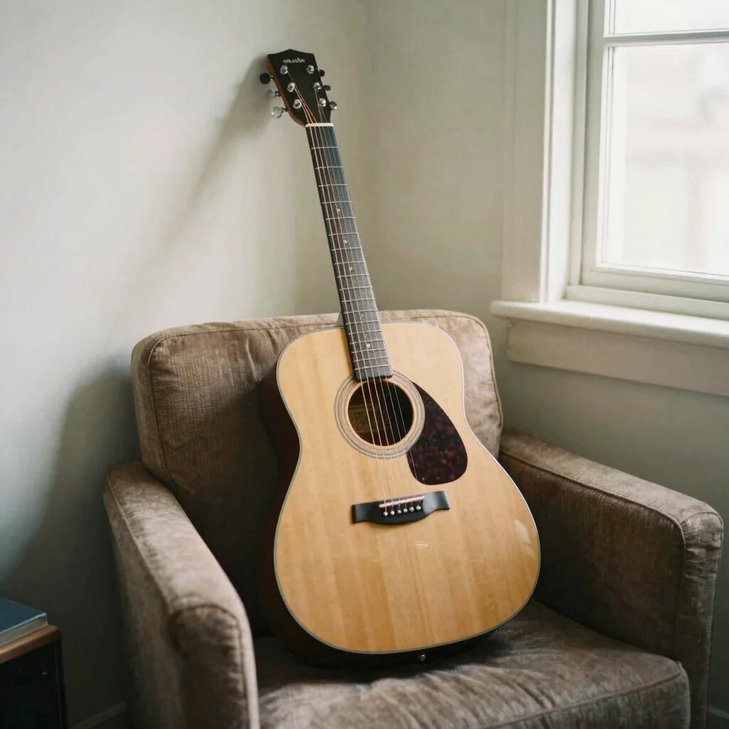關於我們 Warm editorial photography of a cozy guitar studio corner with a wooden acoustic guitar leaning against a soft armchair,